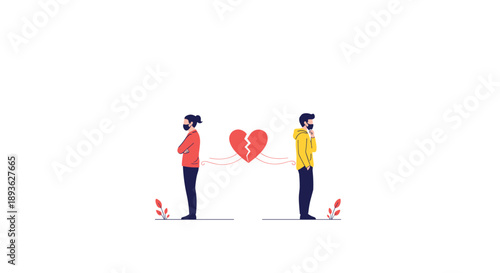 Conceptual illustration of a man and woman standing apart with a broken red heart between them representing a relationship breakup or divorce.