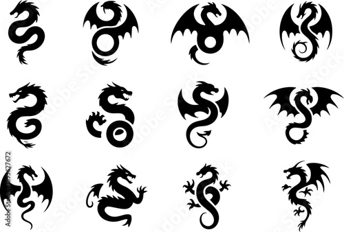 Black Dragon Silhouette Tattoo Icon Set