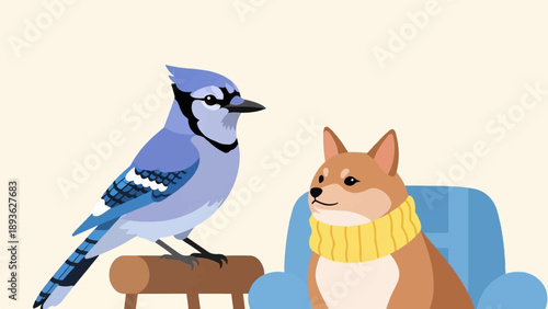 A blue jay perches on a wooden stand near a dog wearing a yellow scarf in a blue chair