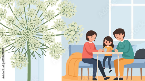 Family enjoys a meal at a table near a blooming plant by the window