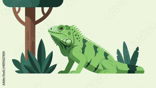 A green iguana rests near a tree and leafy plants in a minimalist illustration