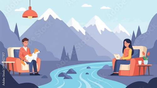 Couple and pet enjoying a serene mountain landscape with a flowing river