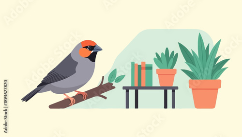 A gray bird with orange face perches on a branch near houseplants and books