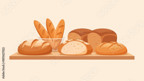 Assortment of freshly baked bread and baguettes on a wooden shelf