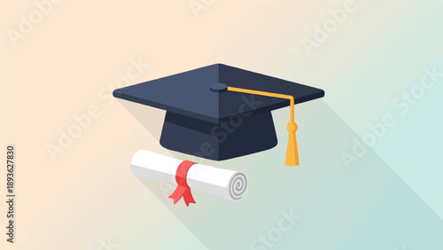 A graduation cap and diploma sit on a soft gradient background