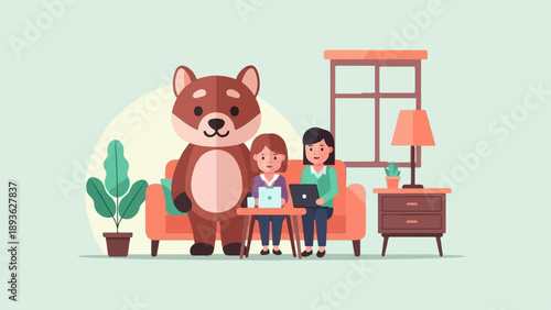 A cartoon bear, two girls, and a home interior
