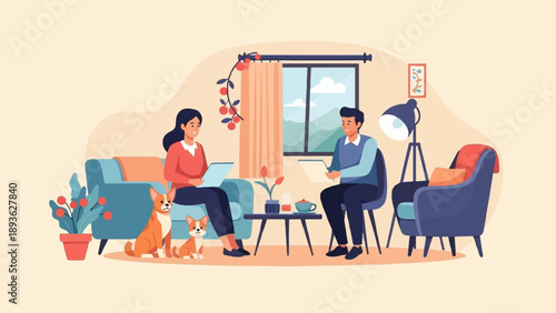 Couple and dogs relaxing indoors, working on laptops and enjoying tea