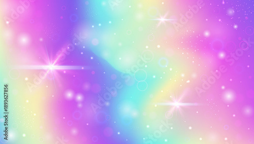 Kawaii Gradient. Pink Rainbow Background And Beautiful Unicorn Pattern. Purple Princess Hologram. Bright Universe Dream With Shiny Fairytale Glitter. Blue Kawaii Gradient.