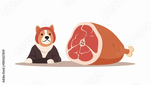 A cartoon dog wearing a hat and jacket sits next to a large ham