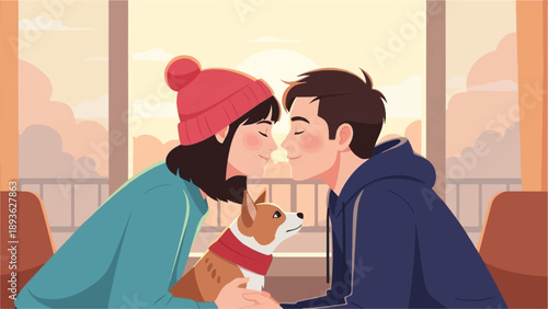 Couple and dog share a tender moment by the window at sunset