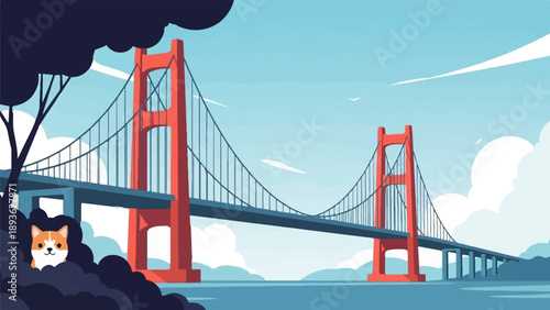 A cartoon dog peeks out from behind dark foliage near a suspension bridge