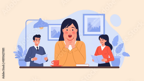 Astonished woman with hands on cheeks between two readers at desk