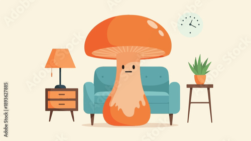 A cartoon mushroom with a face sits on a couch in a room