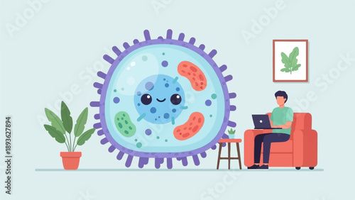 A cartoon germ with a face sits next to a man working on a laptop