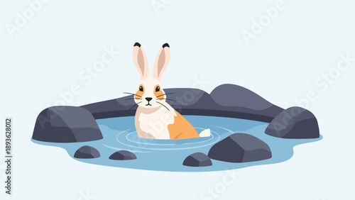 A charming illustration of a rabbit sitting in a calm body of water surrounded by rocks