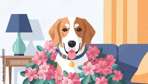 A cheerful dog sits amongst vibrant pink flowers on a cozy couch