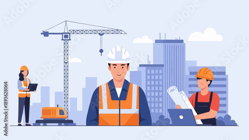 Construction workers oversee a building project with cranes, diggers, and blueprints