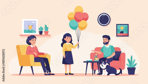 Family gathering with balloons and dog in a cozy living room