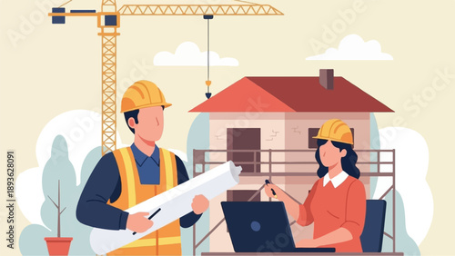 Construction workers collaborating on a building project with a crane