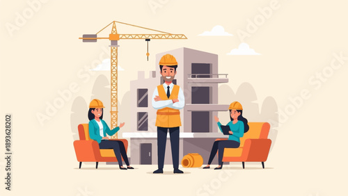 Construction professionals discuss project plans at a building site with a crane