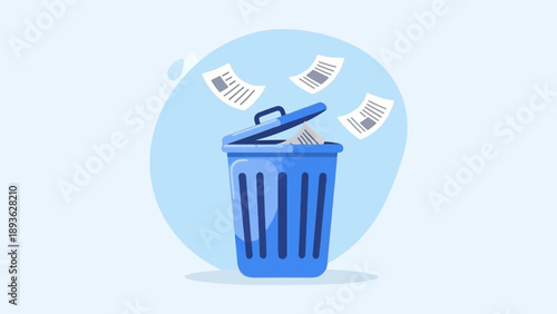 Blue bin with papers being thrown away, light blue background