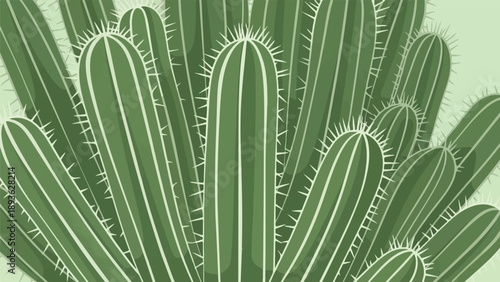 A close-up illustration of many green, spiky cacti against a light green background