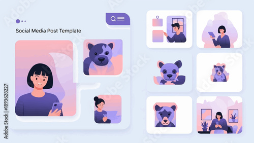 Digital social media templates with people and animal characters