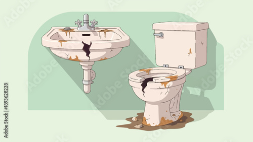 Dilapidated toilet and sink, stained and cracked, in a clean room