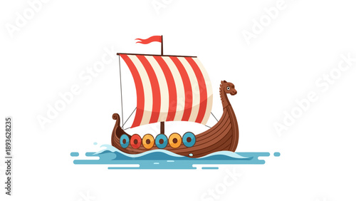 Viking longship sailing on serene ocean waters with striped sails and colorful shields, viewed from a distance