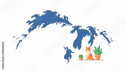 Blue map silhouette with a small dog and potted plants