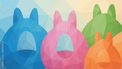 Colorful geometric animal characters with rounded ears and openings