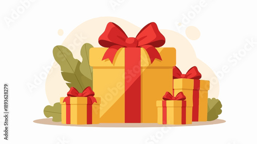 A collection of gift boxes adorned with red ribbons and bows, surrounded by foliage