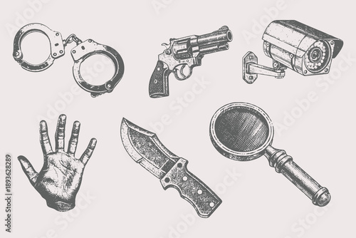 Magnifying Glass, Knife, Camera, Blood hand, Handgun Weapon, Vintage grunge Handcuffs vector illustration. Monochrome photocopy effect, for grunge punk y2k collage design. Eps 10