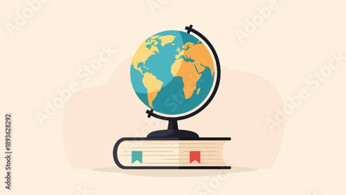A stylized globe rests atop an open book with colorful bookmarks