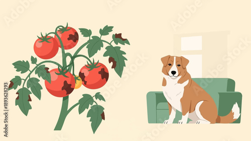 Diseased tomato plant and a dog on a couch indoors