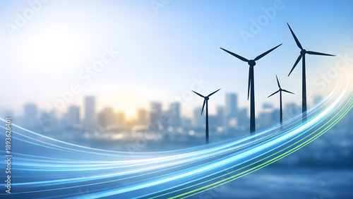 Renewable energy background with wind turbines and city skyline