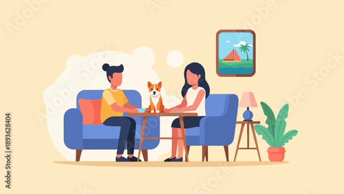 A couple and their dog enjoy a relaxed time in their living room