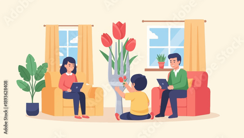Family indoors, two adults on tablets, child interacts with giant fork flowers