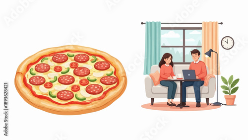 A couple enjoys pizza and coffee while working remotely from their cozy living room