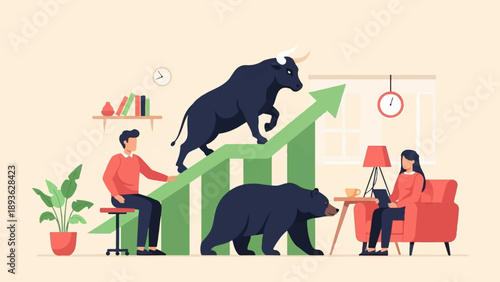 Bull and bear symbols on a rising graph with people in a room