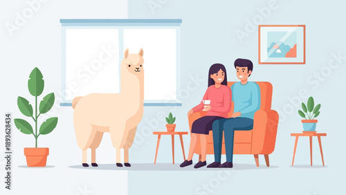 A couple relaxes indoors with a llama and houseplants