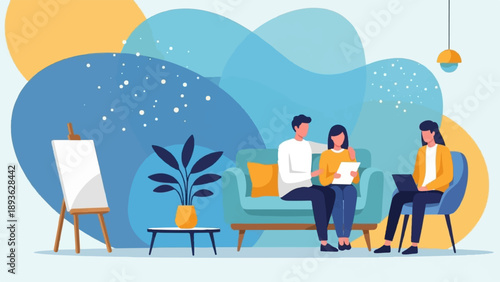 A couple relaxes on a sofa while another person works on a laptop nearby