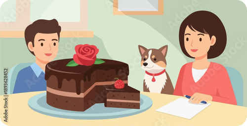 A couple, their dog, and a chocolate cake with a rose, sharing a moment