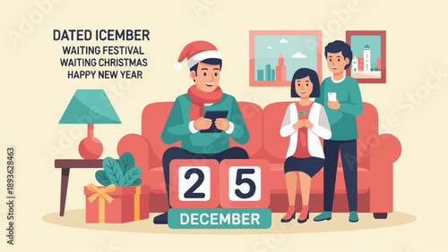 Family on couch with festive calendar counts down to Christmas and New Year