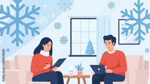 Couple working on laptops on a couch with snowflakes outside window