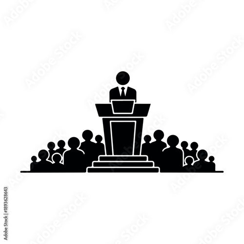 A silhouette of a speaker standing at a podium addressing a seated audience in a conference setting