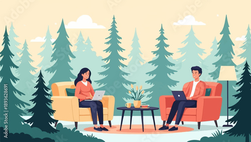 Diverse couple works remotely on laptops in cozy chairs amidst a forest