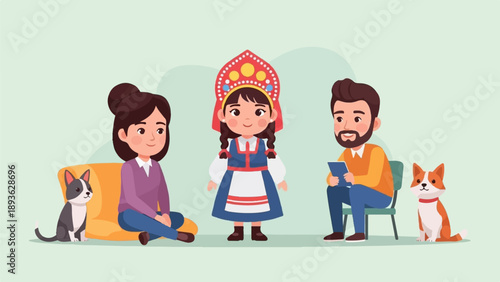 Diverse family and pets gathered, a child in traditional attire