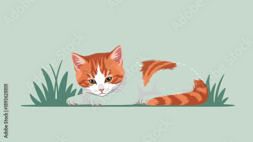 A ginger and white kitten rests peacefully in green grass