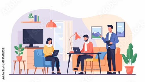 Diverse group collaborating in modern, well-lit home office setting